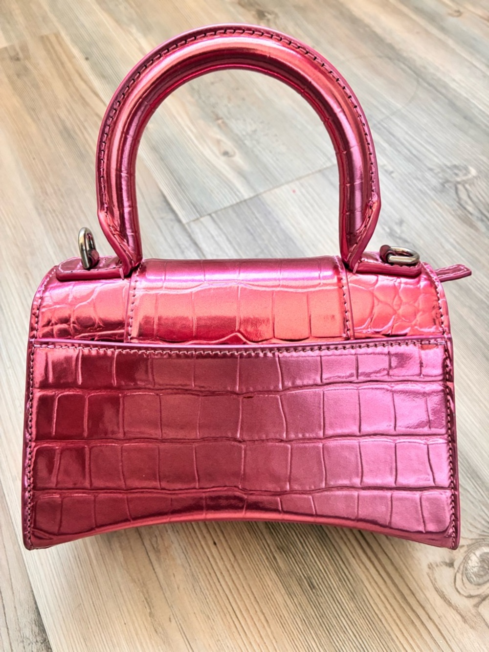 Balenciaga Metallic Fuchsia Croc-Embossed Hourglass Satchel - Picture 14 of 15